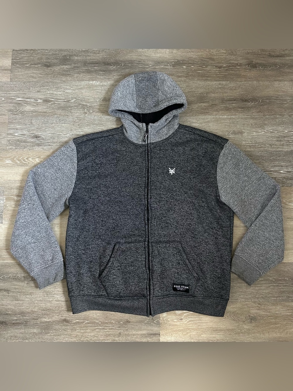 Men’s Zoo York two  toned grey full zip fleece lined hoodie Sz 2XL